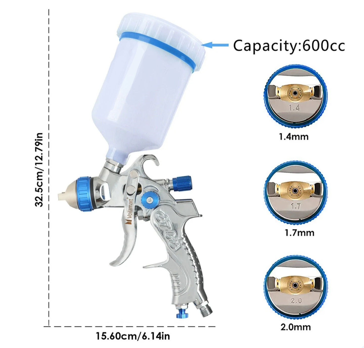 600ml HVLP Air Spray Gun Gravity Feed Paint Gun Kit 1.4MM 1.7MM 2.0MM