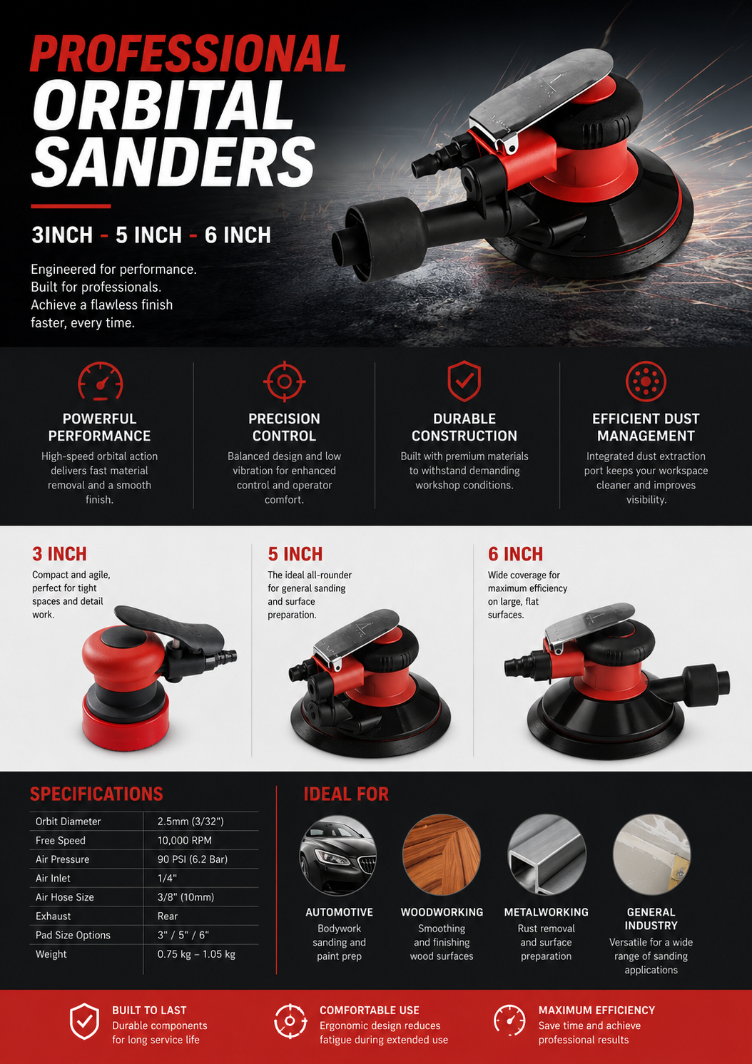 Professional Air Orbital Palm Sander 6" 150mm Dual Action With Vacuum Hose
