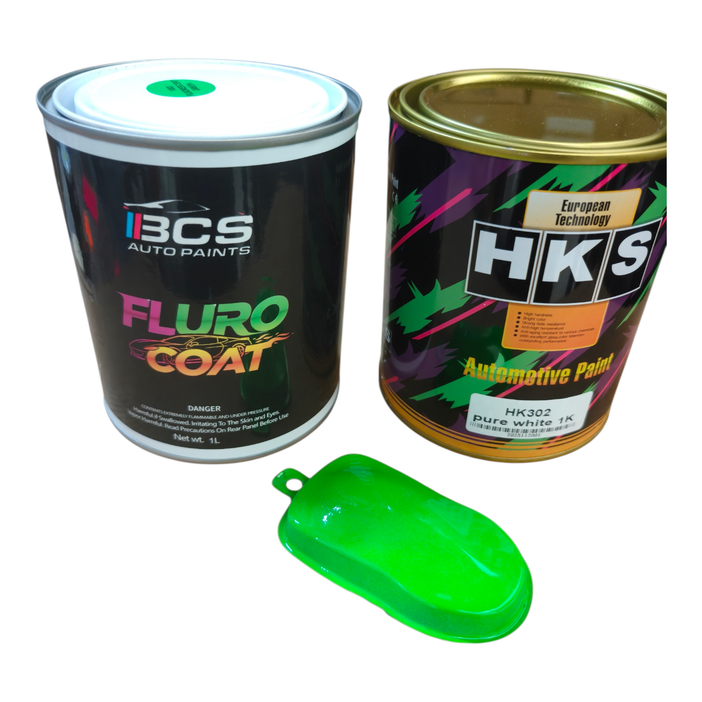 1L Paint Fluorescent Green Auto Base + 1 Litre HKS White Base Paint BCS Fluro Coat