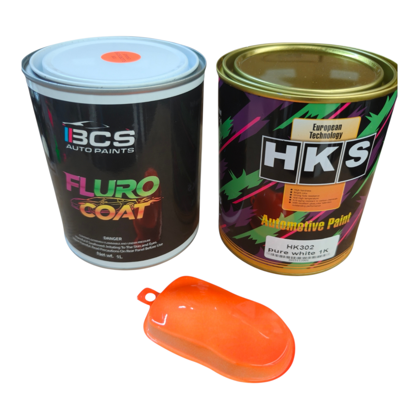 1L Paint Fluorescent Orange Auto Base + 1 Litre HKS White Base Paint BCS Fluro Coat