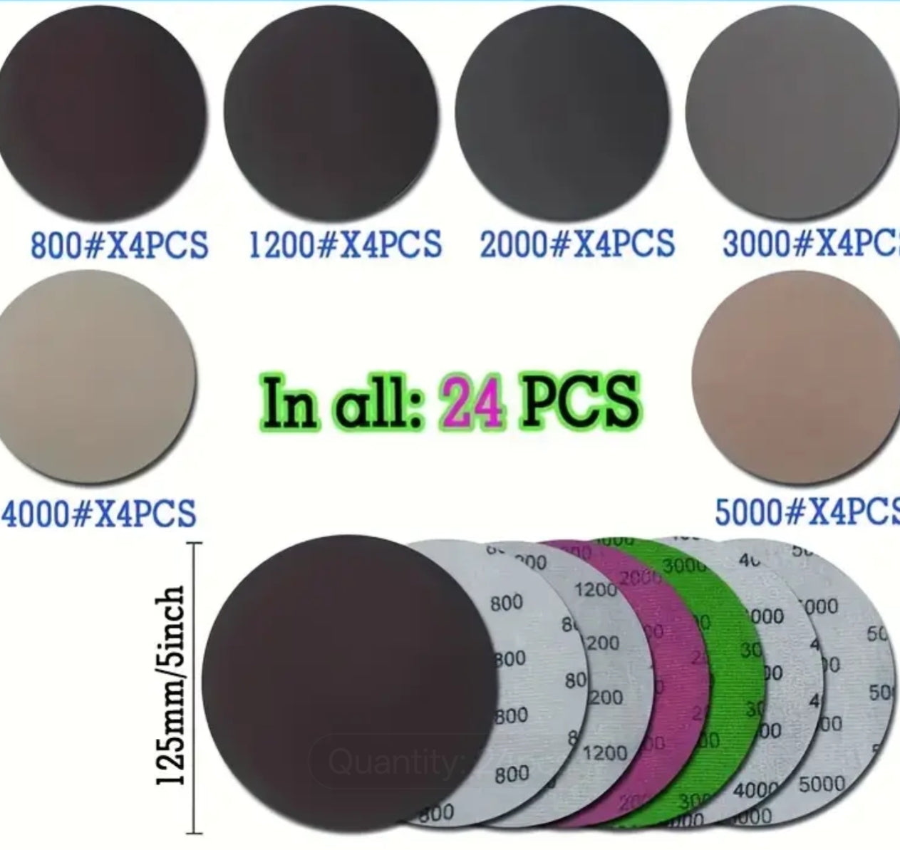 Wet & Dry 5" Sandpaper Sanding Pads Car Repairs 24pc Set 800 - 5000 Grit Detailing Buffing