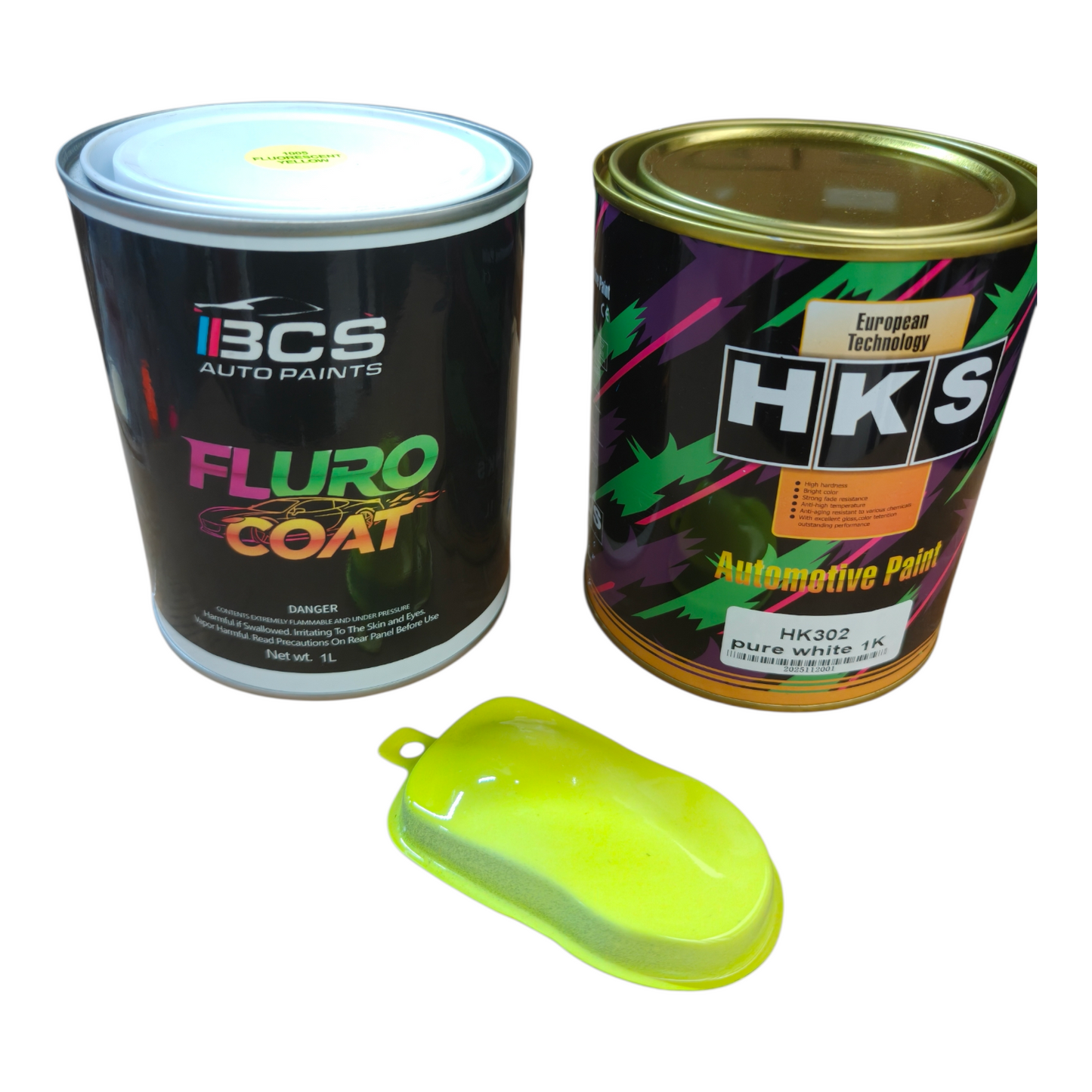 1L Paint Fluorescent Yellow Auto Base + 1 Litre HKS White Base Paint BCS Fluro Coat