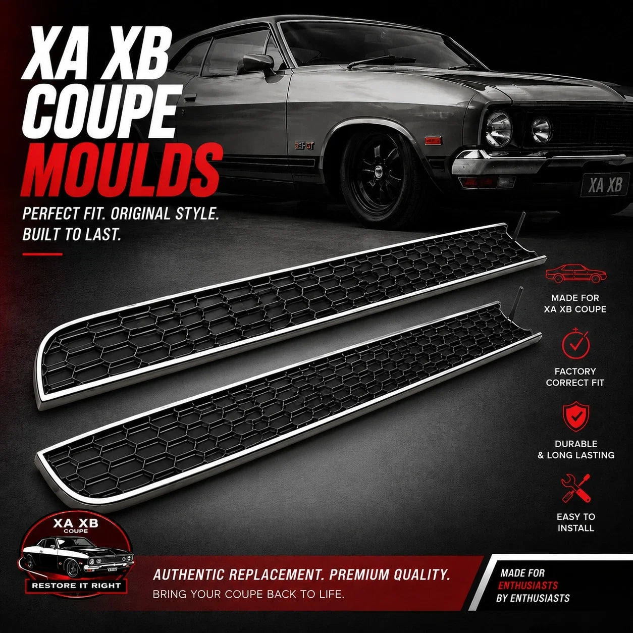 FORD XA XB GS GT Coupe HONEYCOMB REAR MOULDS PAIR - HARDTOP FALCON - NO PINS
